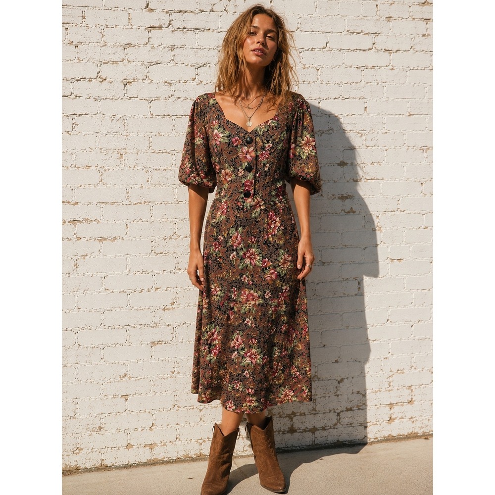 Vintage E.D. Michaels Brown Rayon Floral Puff Sleeve Midi Dress Cottagecore L